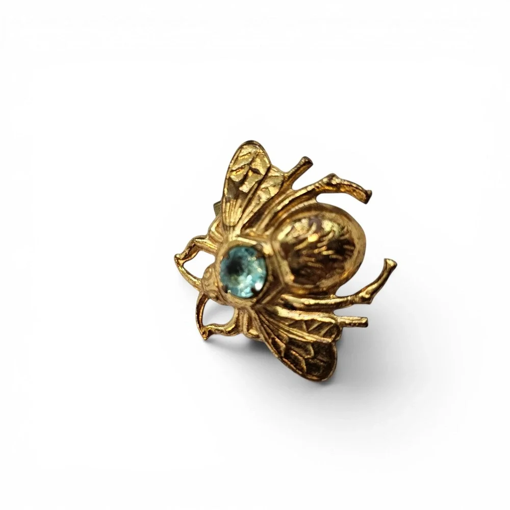 Vintage Midcentury Gold Tone Bumble Bee Brooch Blue Rhinestone Insect Pin Small